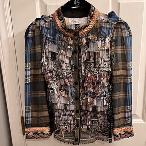 Byron Lars multicolor fringed button up blouse, Black, blue, coral, cream, gold